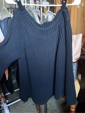 Saks Fifth Avenue Blue Ribbed Off-Shoulder Knit Top. “The in home collection”.